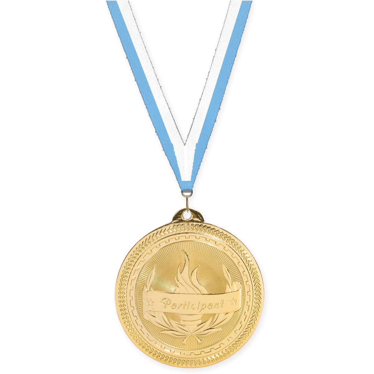 2 inch Participant Sunburst medal in bright gold with Light Blue White neck ribbon