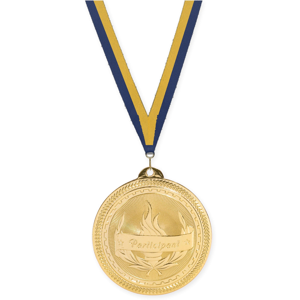2 inch Participant Sunburst medal in bright gold with Navy Gold neck ribbon