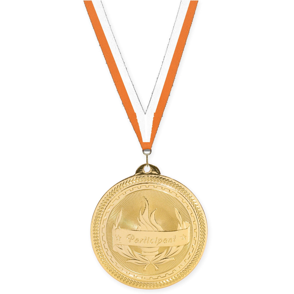 2 inch Participant Sunburst medal in bright gold with Orange White neck ribbon