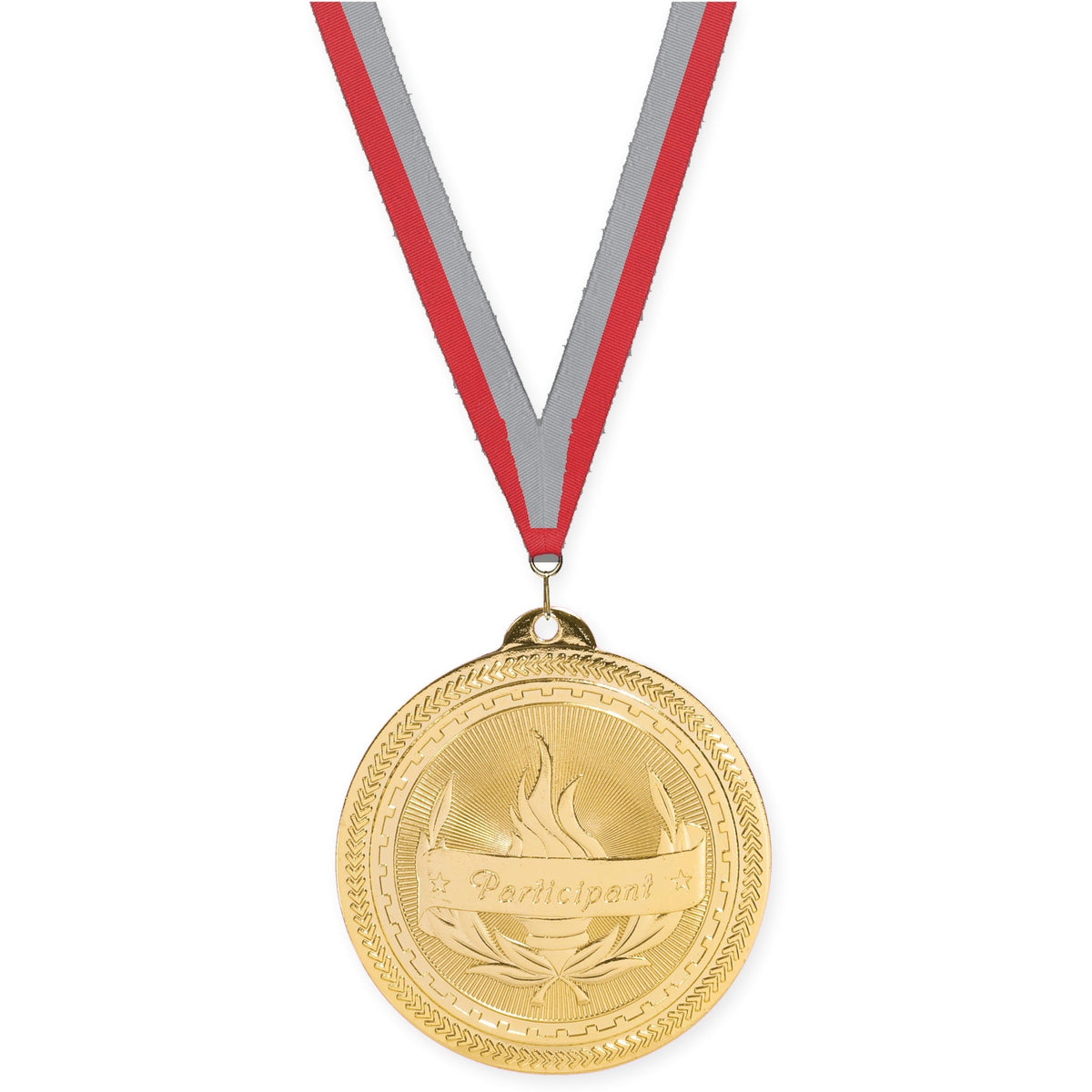 2 inch Participant Sunburst medal in bright gold with Red Gray neck ribbon