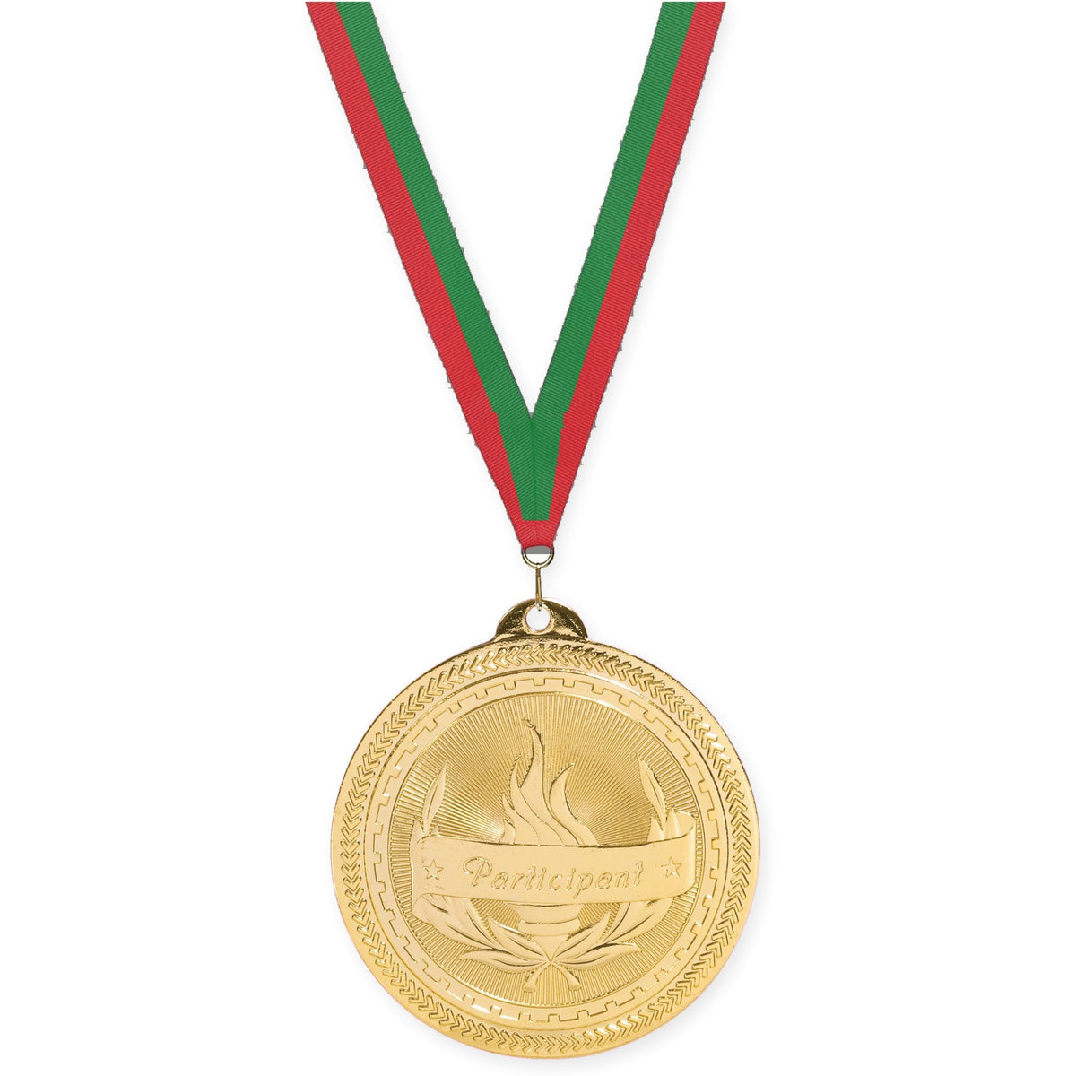 2 inch Participant Sunburst medal in bright gold with Red Green neck ribbon