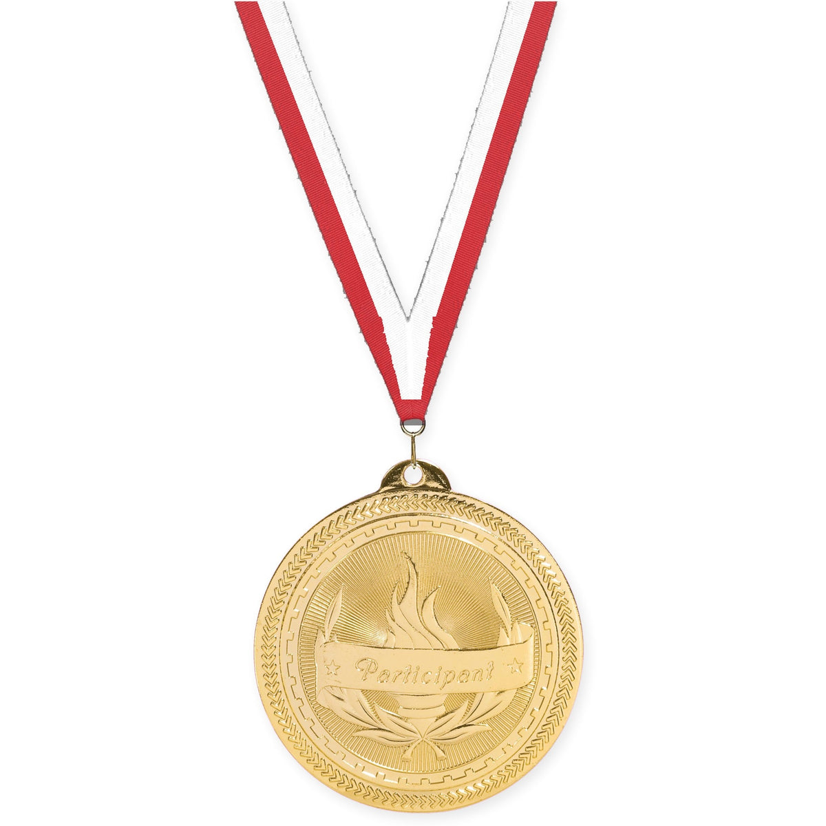 2 inch Participant Sunburst medal in bright gold with Red White neck ribbon