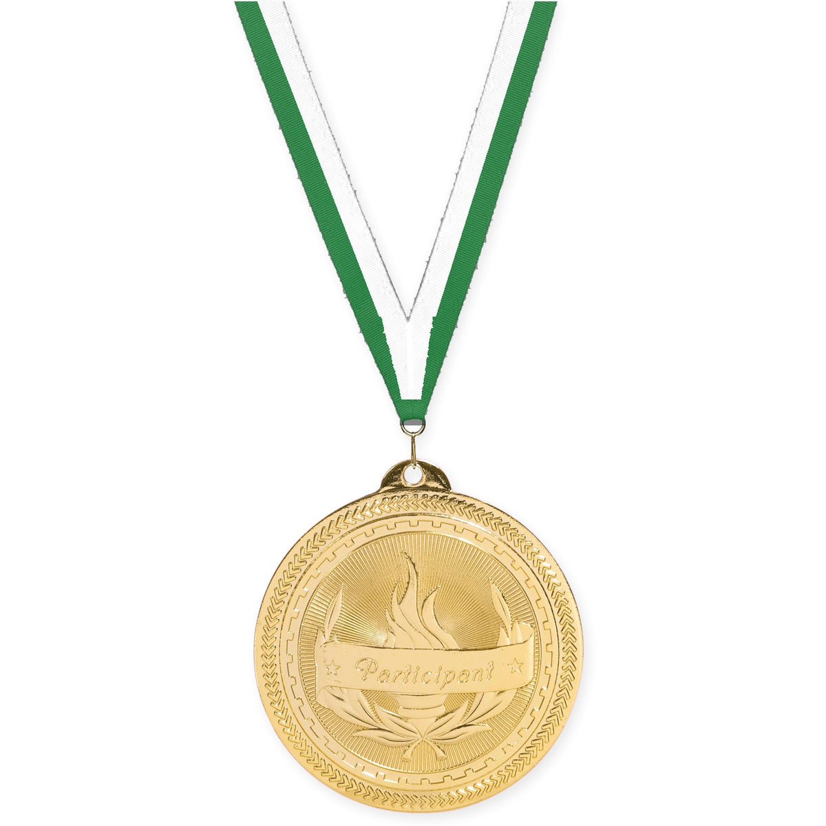 2 inch Participant Sunburst medal in bright gold with Green White neck ribbon