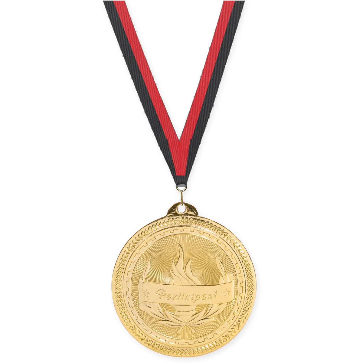 2 inch Participant Sunburst medal in bright gold with Black Red neck ribbon