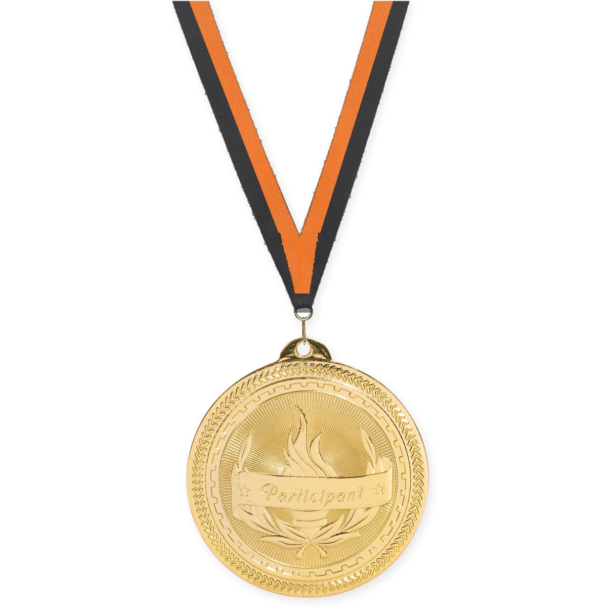 2 inch Participant Sunburst medal in bright gold with Black Orange neck ribbon