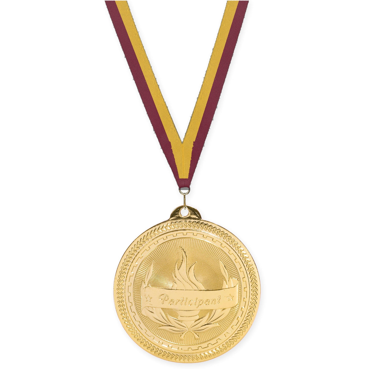 2 inch Participant Sunburst medal in bright gold with Maroon Gold neck ribbon