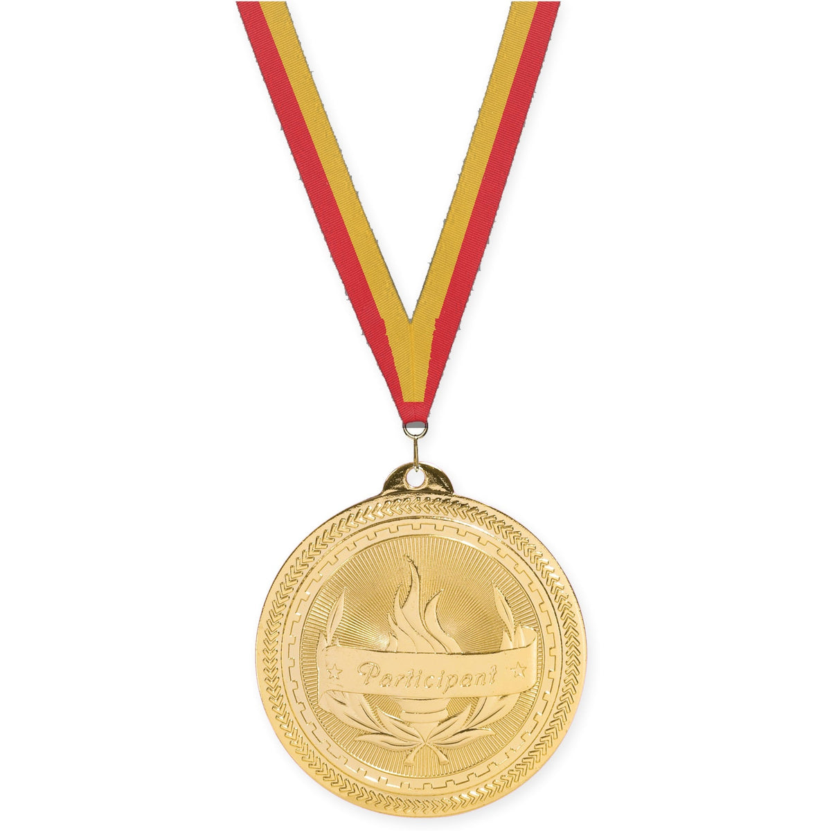 2 inch Participant Sunburst medal in bright gold with Red Gold neck ribbon