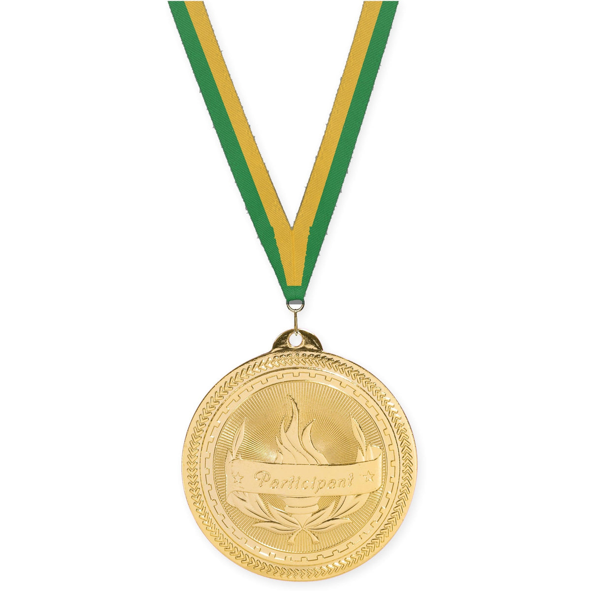 2 inch Participant Sunburst medal in bright gold with Green Gold neck ribbon