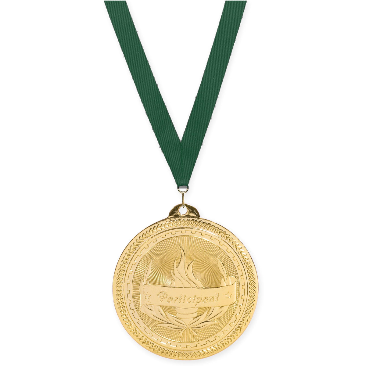 2 inch Participant Sunburst medal in bright gold with Hunter Green neck ribbon
