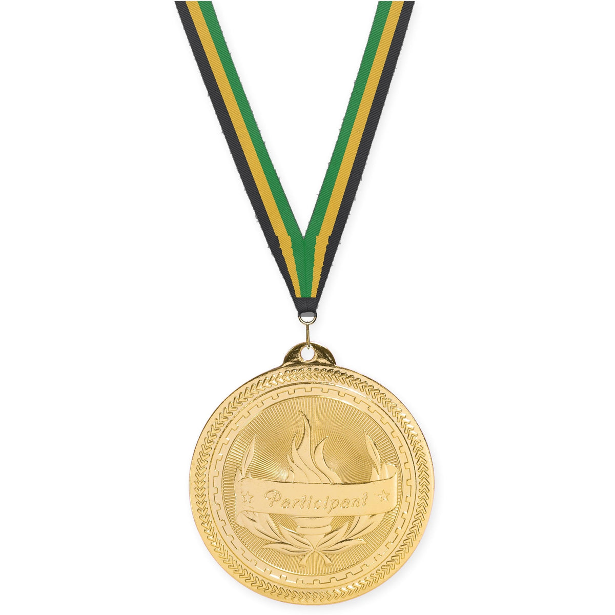2 inch Participant Sunburst medal in bright gold with Black Gold Green neck ribbon