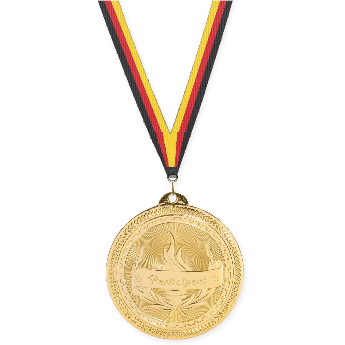 2 inch Participant Sunburst medal in bright gold with Black Red Yellow neck ribbon