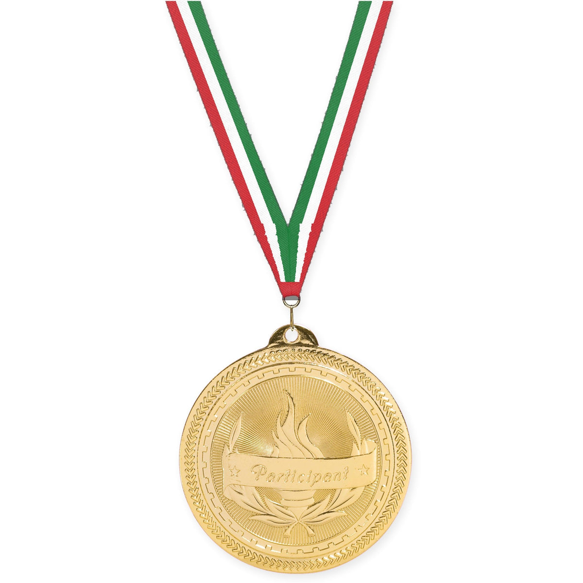 2 inch Participant Sunburst medal in bright gold with Red White Green neck ribbon