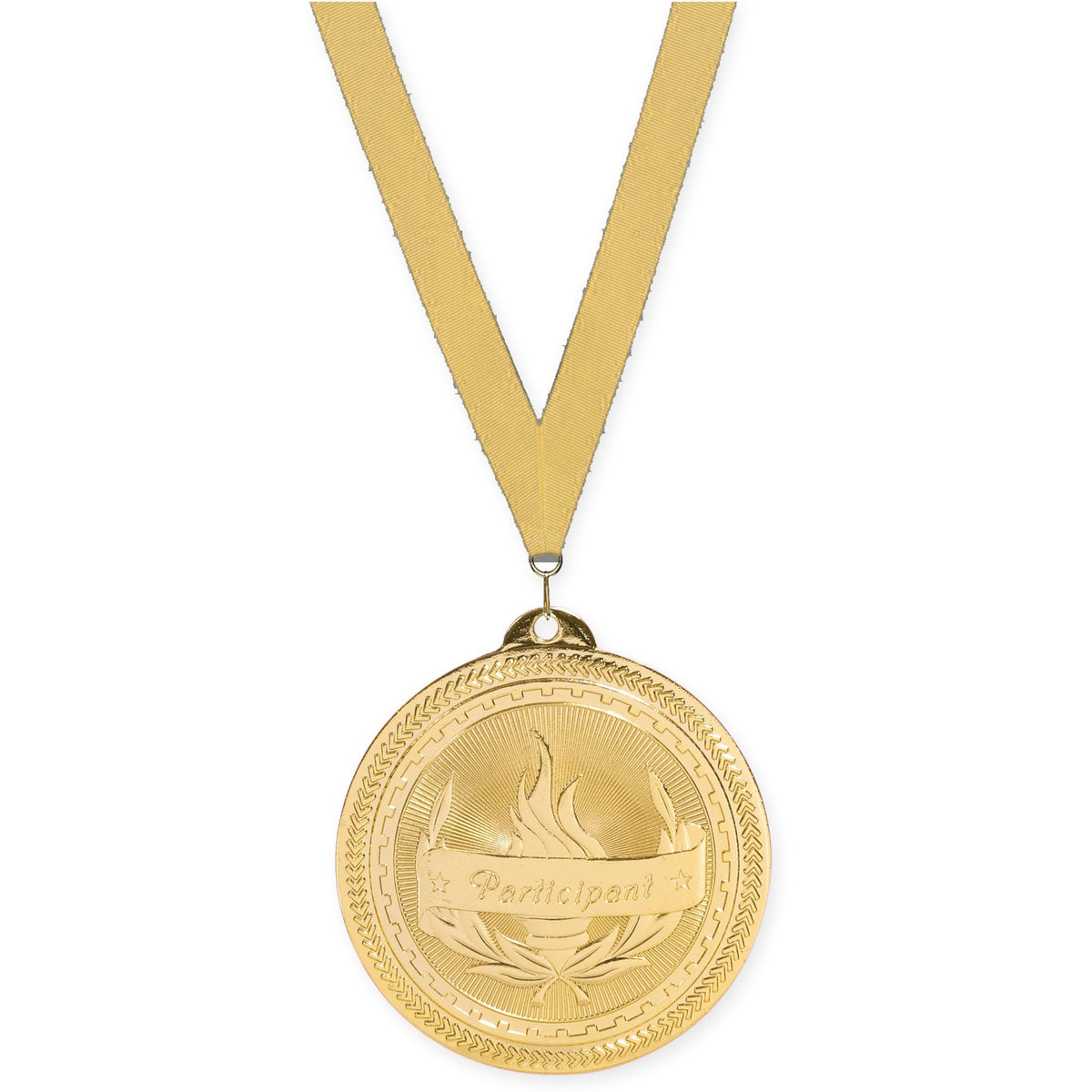 2 inch Participant Sunburst medal in bright gold with Gold Metallic neck ribbon