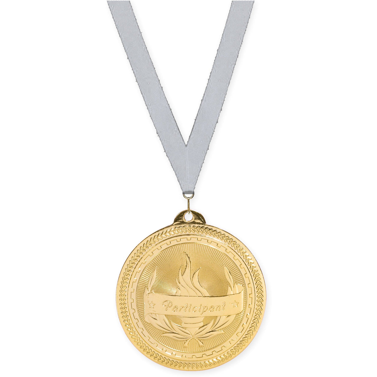 2 inch Participant Sunburst medal in bright gold with Silver Metallic neck ribbon