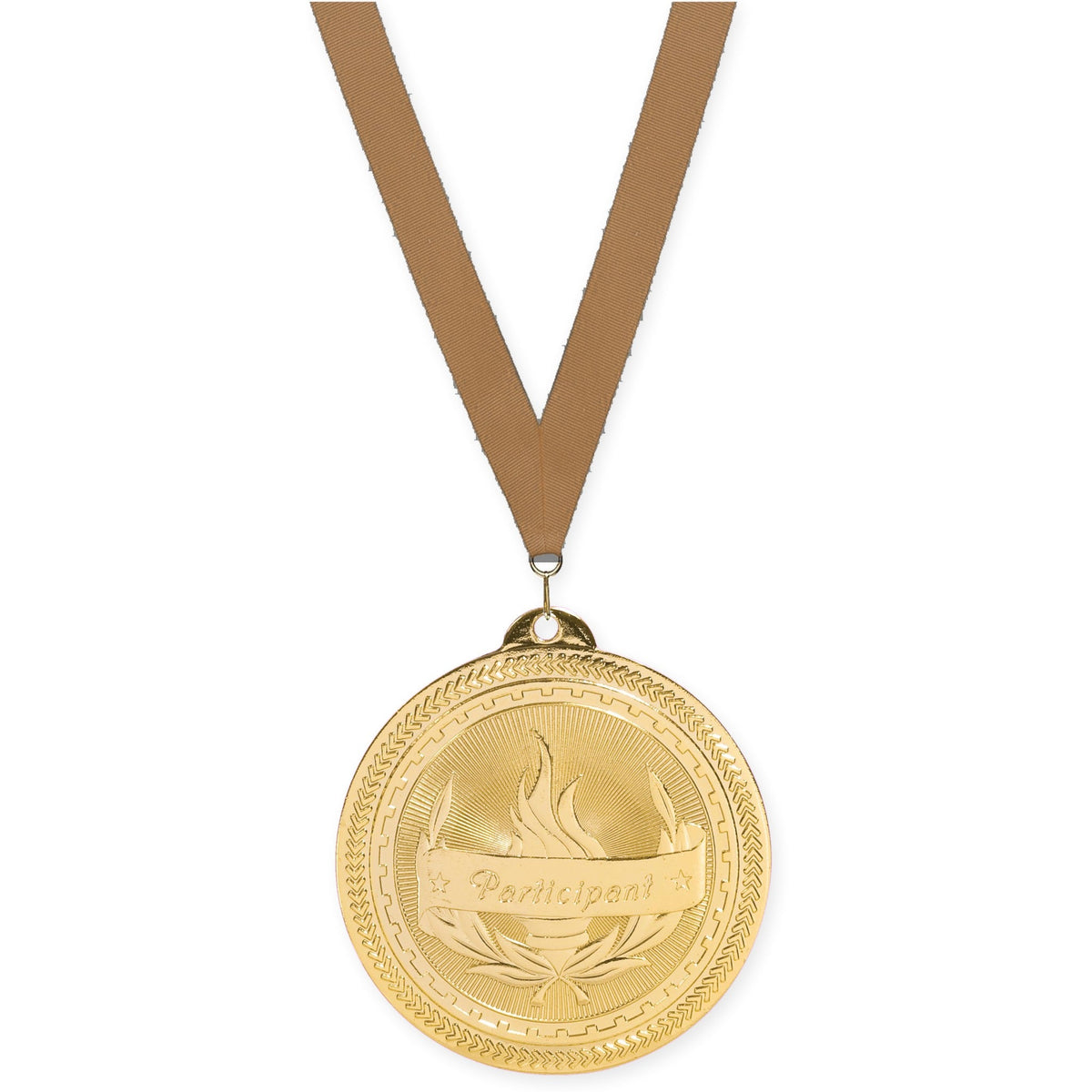 2 inch Participant Sunburst medal in bright gold with Bronze Metallic neck ribbon