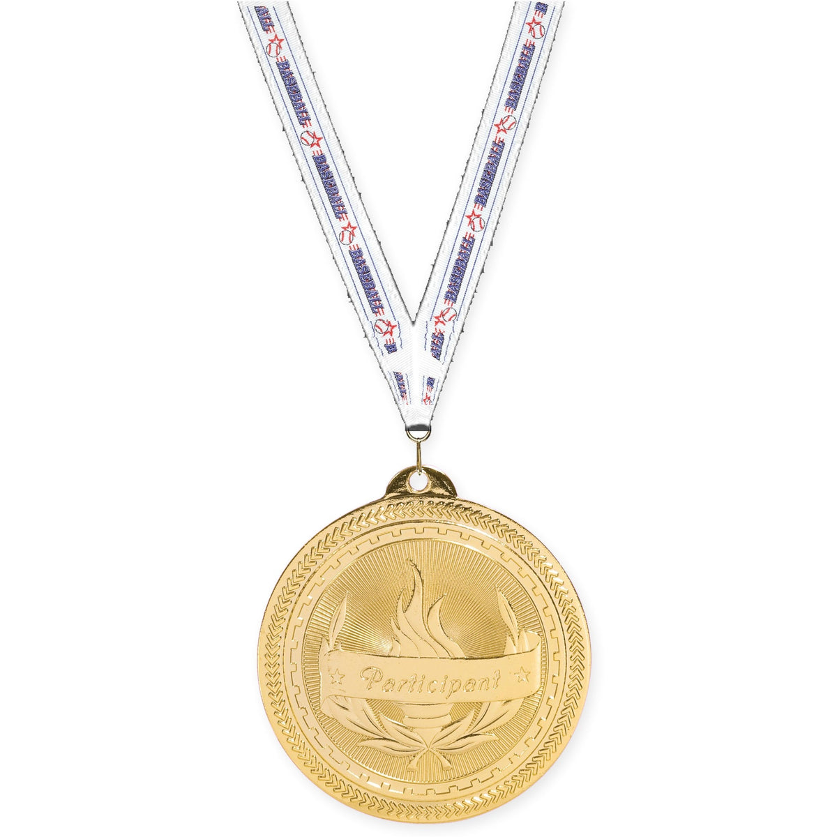 2 inch Participant Sunburst medal in bright gold with Baseball neck ribbon