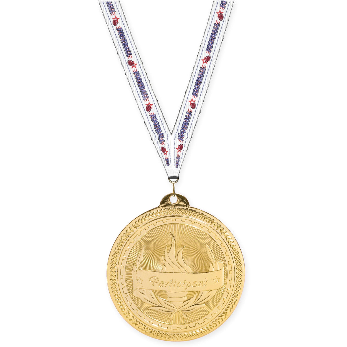 2 inch Participant Sunburst medal in bright gold with Football neck ribbon