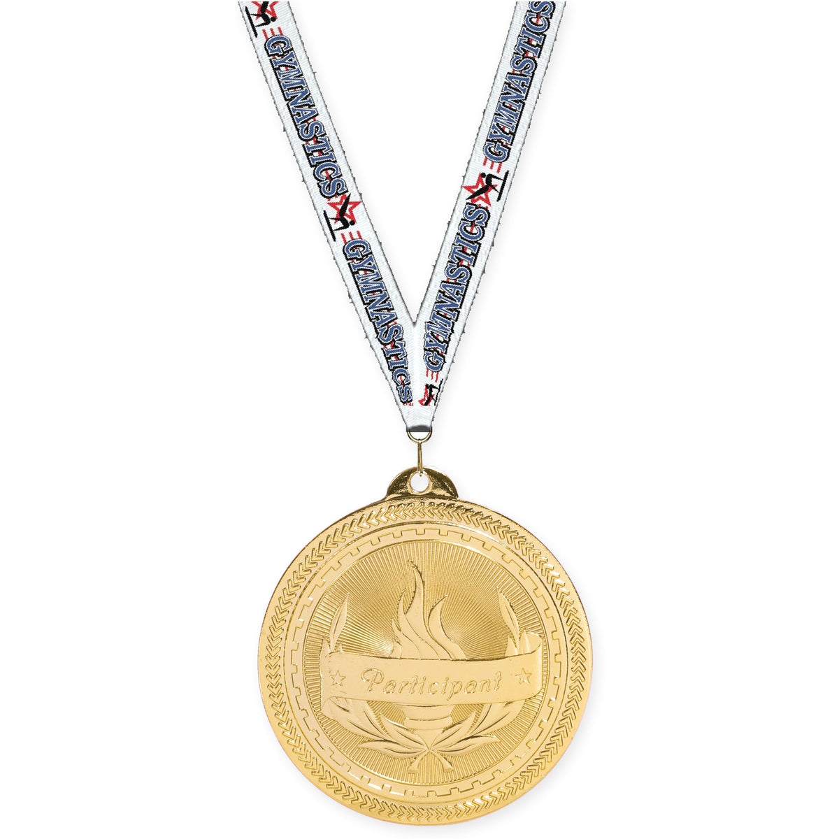 2 inch Participant Sunburst medal in bright gold with Gymnastics neck ribbon