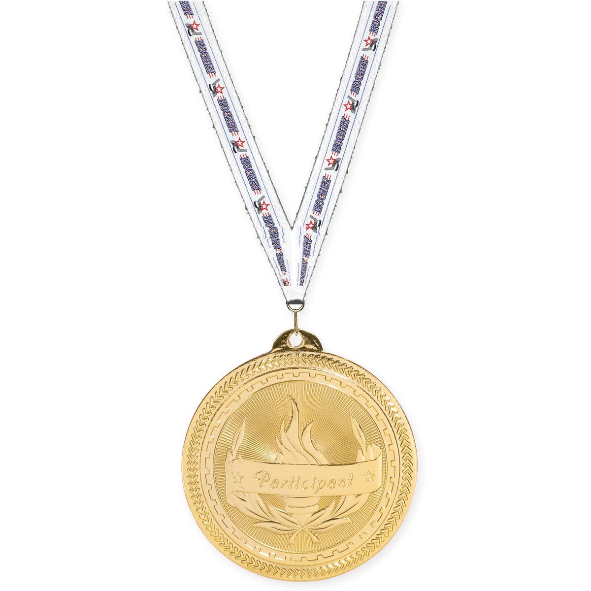 2 inch Participant Sunburst medal in bright gold with Hockey neck ribbon