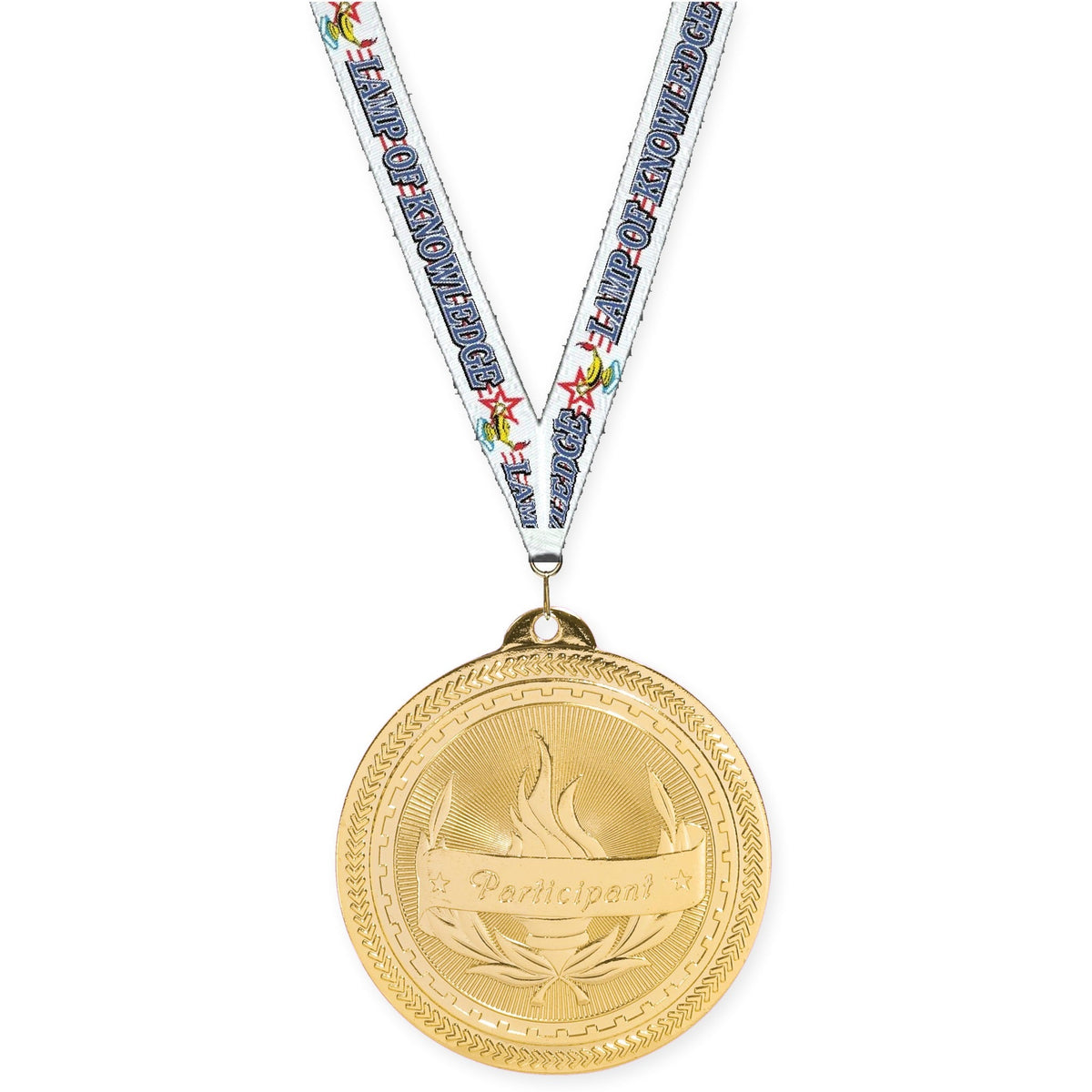 2 inch Participant Sunburst medal in bright gold with Lamp Of Knowledge neck ribbon