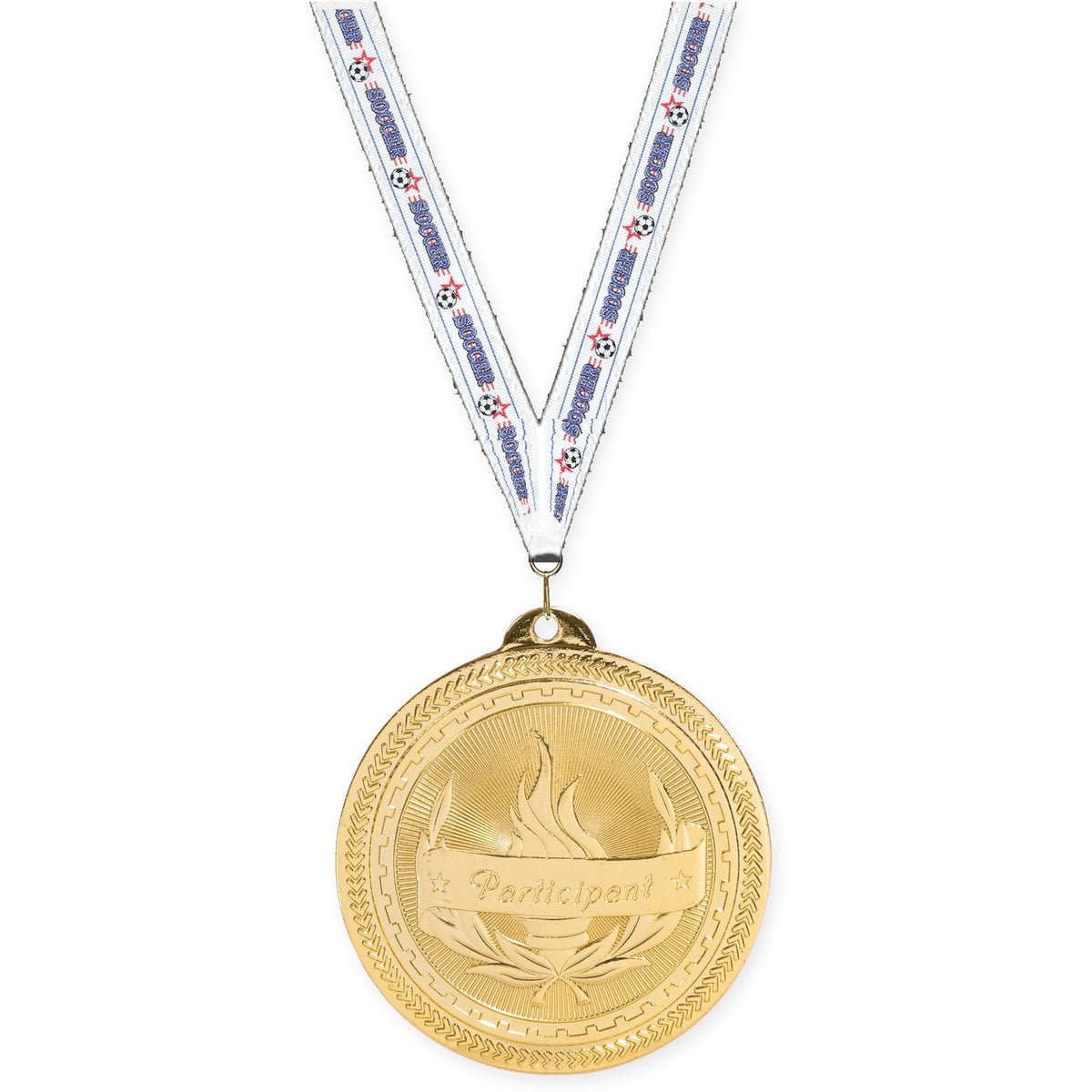 2 inch Participant Sunburst medal in bright gold with Soccer neck ribbon