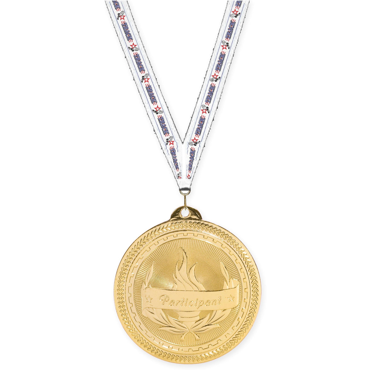 2 inch Participant Sunburst medal in bright gold with Track neck ribbon