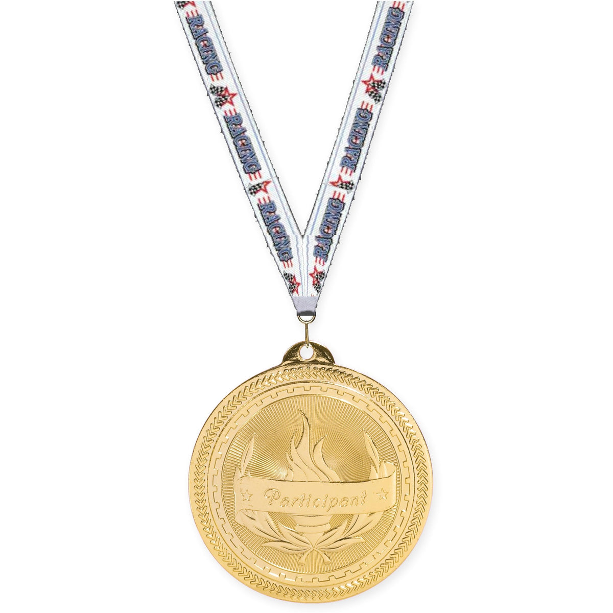 2 inch Participant Sunburst medal in bright gold with Auto Racing neck ribbon