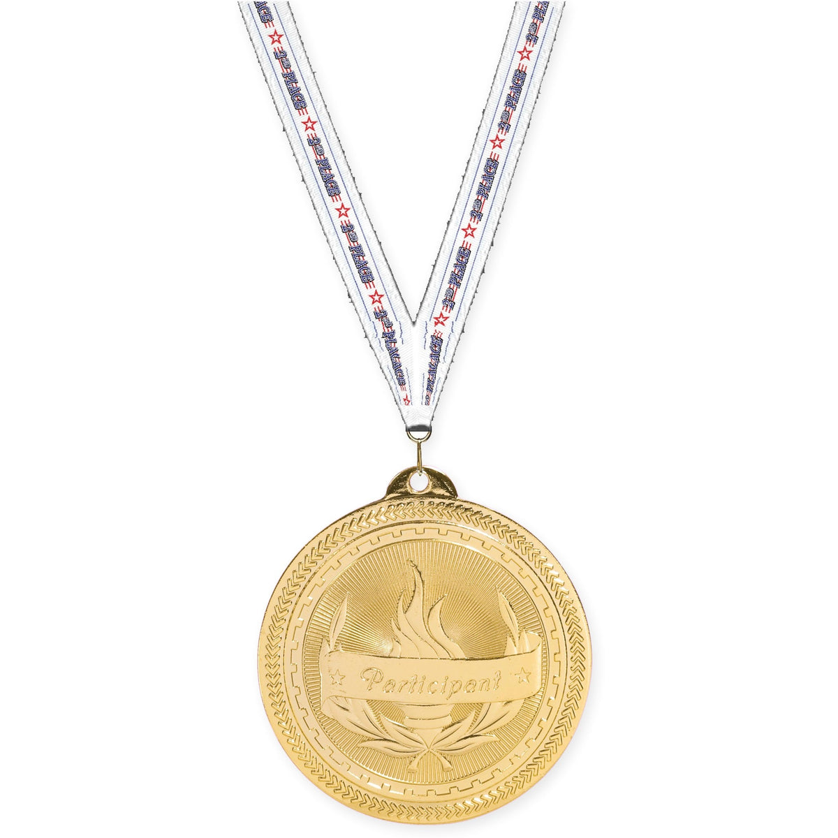 2 inch Participant Sunburst medal in bright gold with 2nd Place neck ribbon
