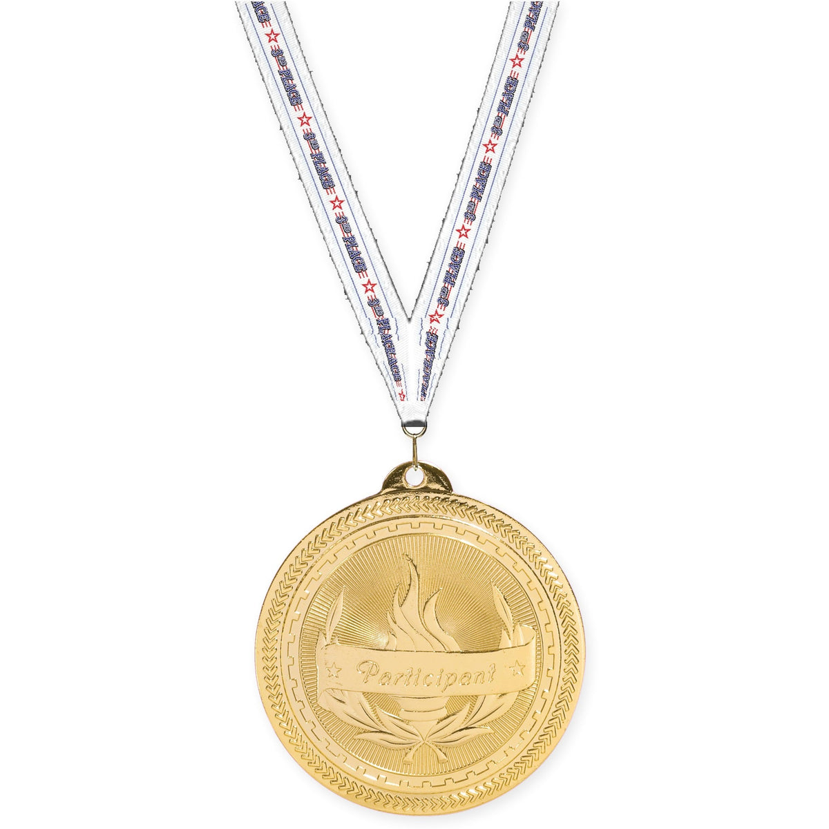 2 inch Participant Sunburst medal in bright gold with 3rd Place neck ribbon