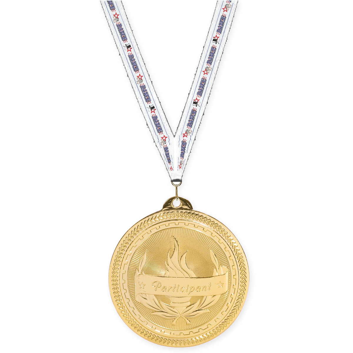 2 inch Participant Sunburst medal in bright gold with Dance neck ribbon