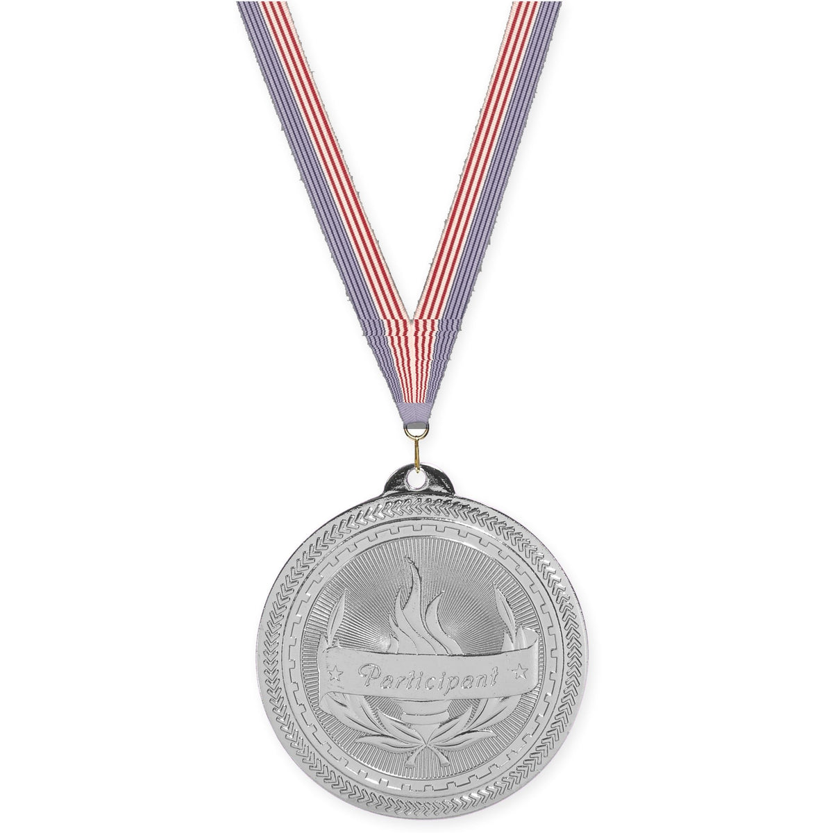 2 inch Participant Sunburst medal in bright silver with USA Flag neck ribbon
