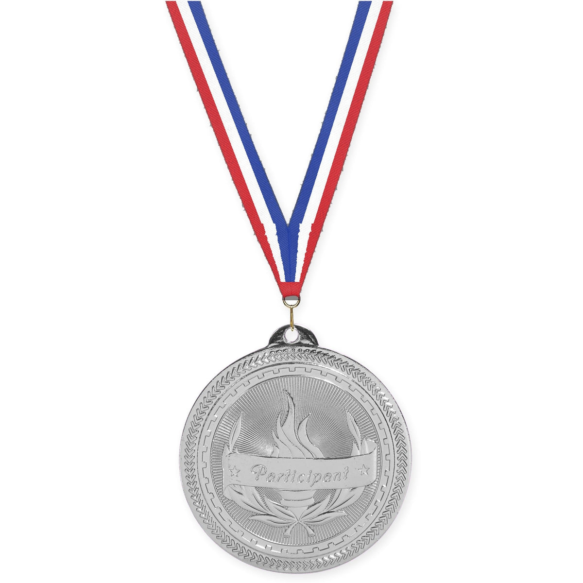 2 inch Participant Sunburst medal in bright silver with Red White Blue neck ribbon