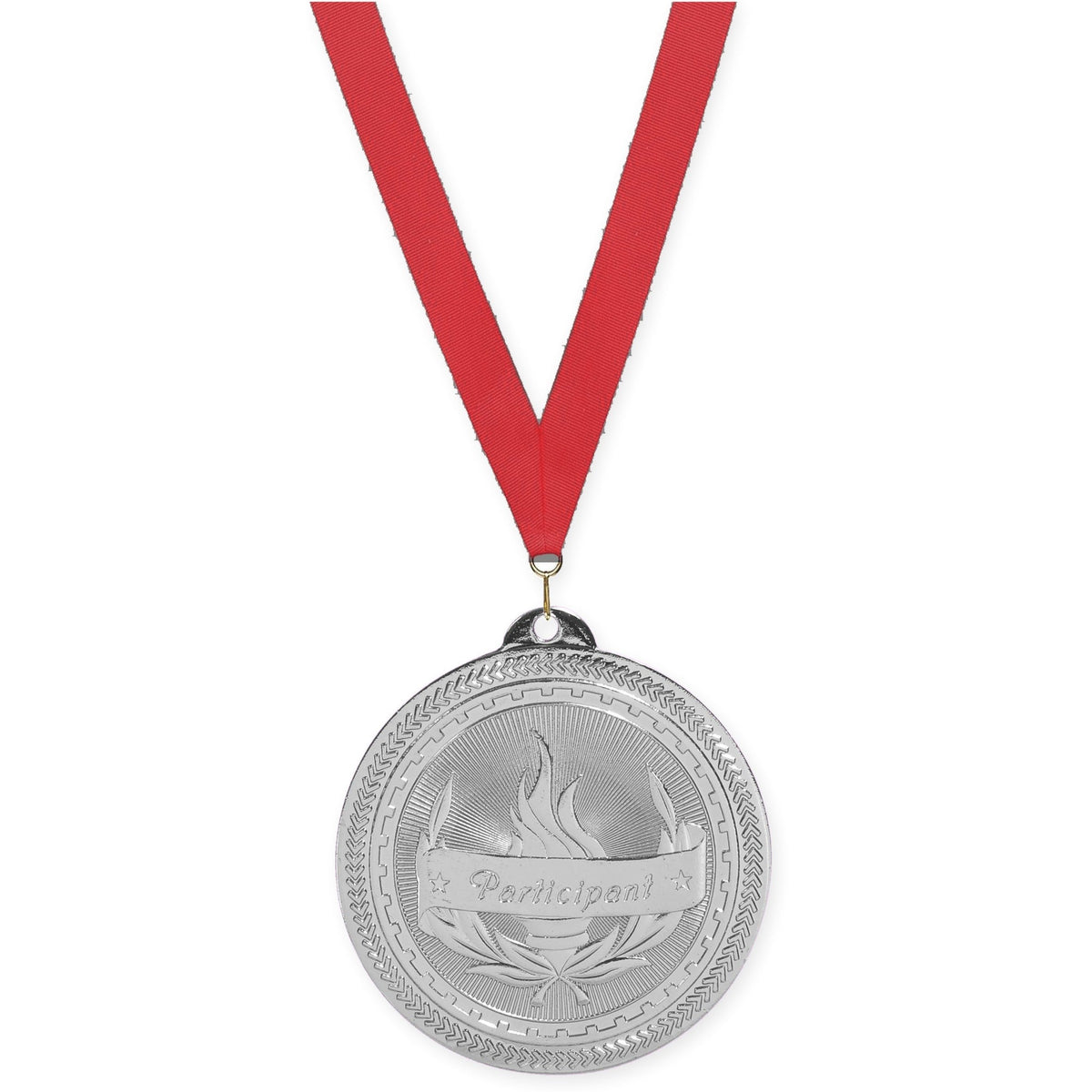 2 inch Participant Sunburst medal in bright silver with Red neck ribbon