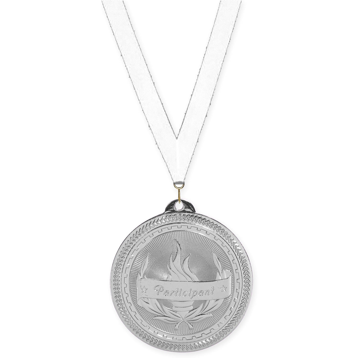 2 inch Participant Sunburst medal in bright silver with White neck ribbon