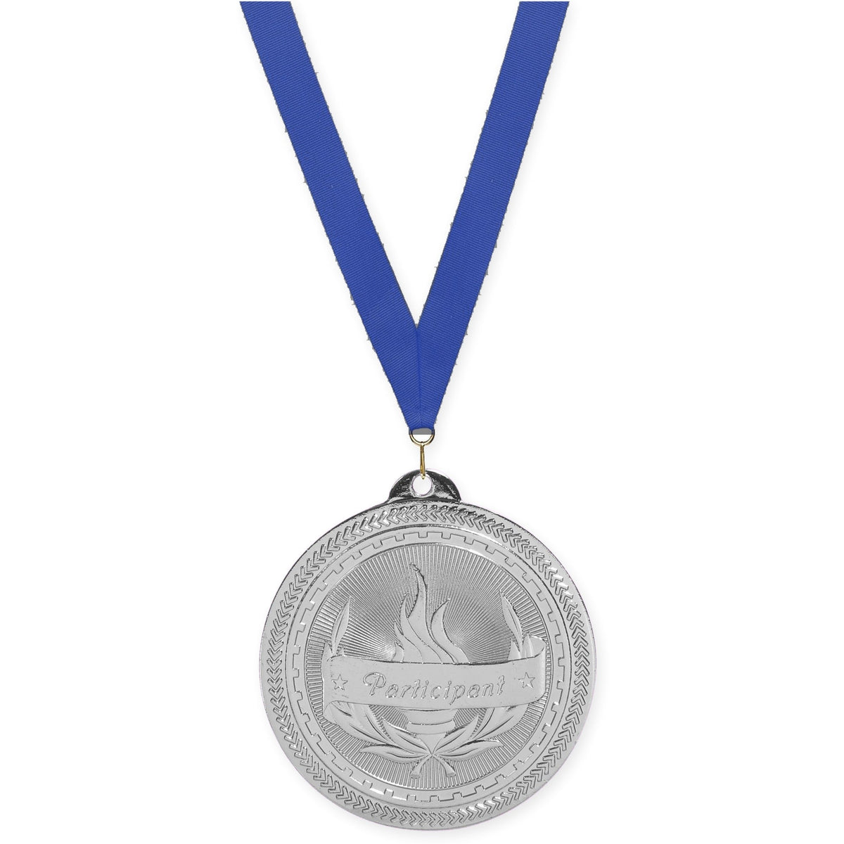 2 inch Participant Sunburst medal in bright silver with Blue neck ribbon