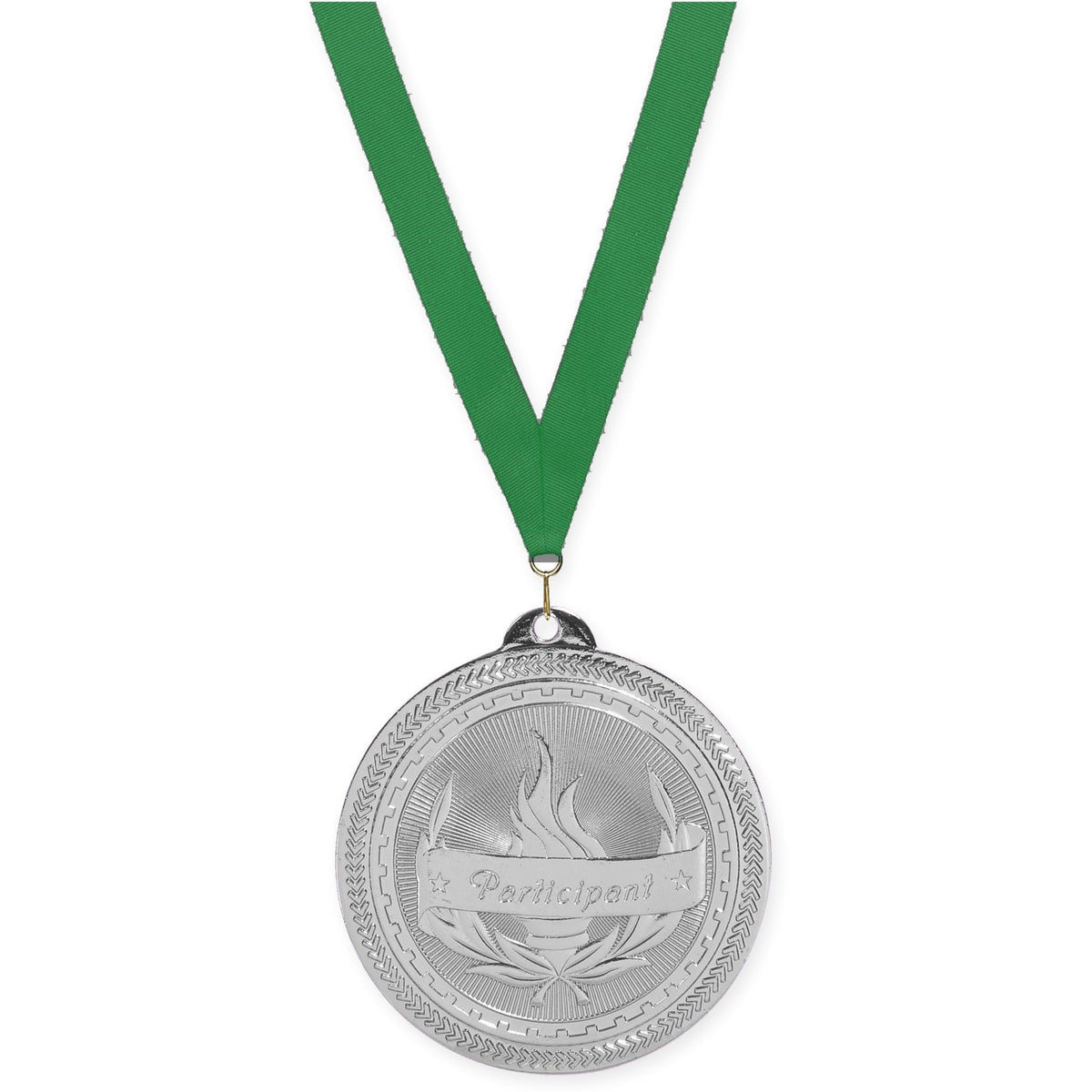 2 inch Participant Sunburst medal in bright silver with Green neck ribbon