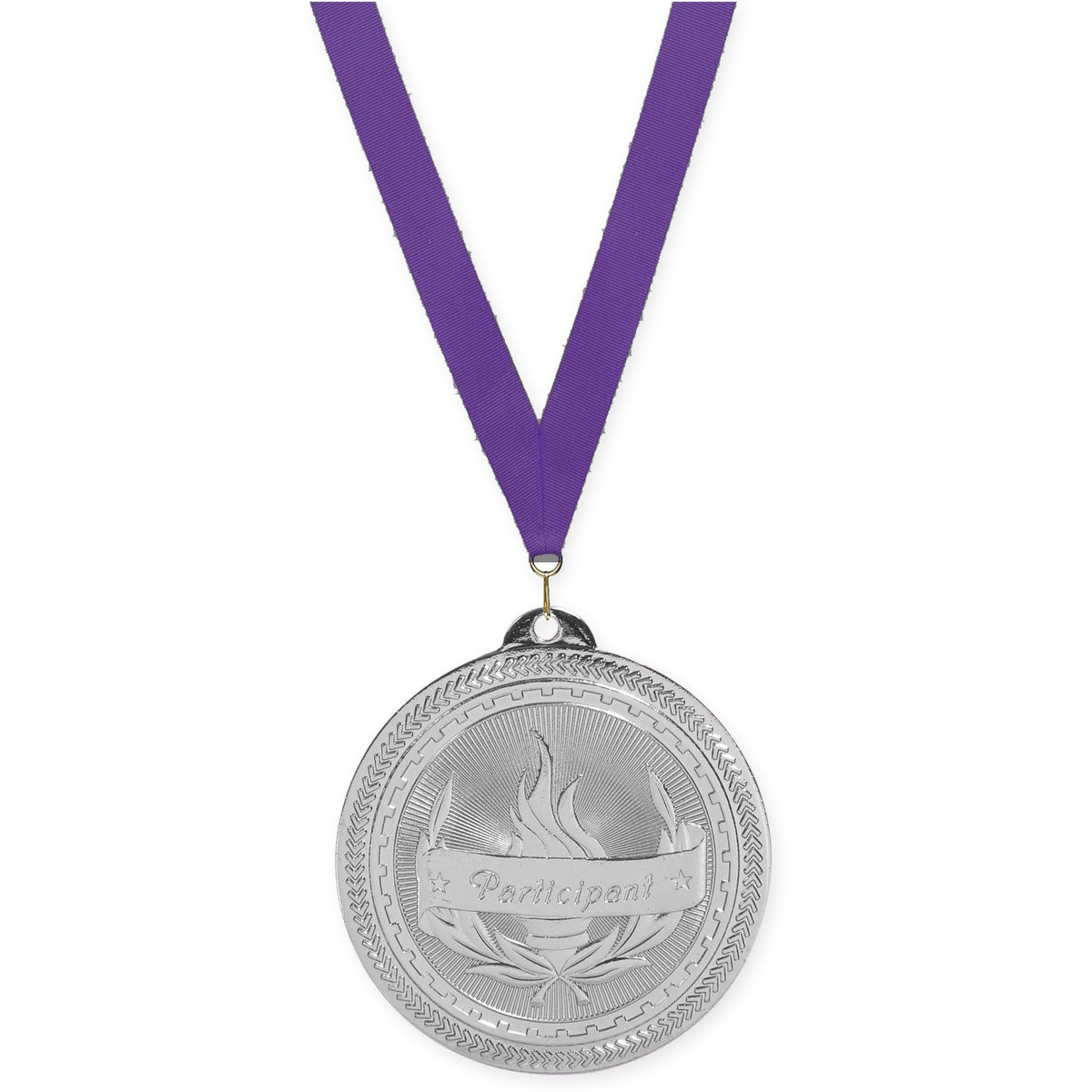 2 inch Participant Sunburst medal in bright silver with Purple neck ribbon