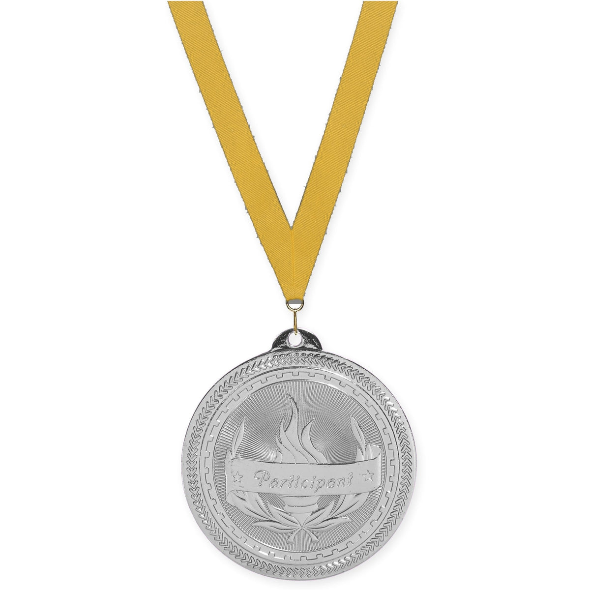 2 inch Participant Sunburst medal in bright silver with Gold neck ribbon