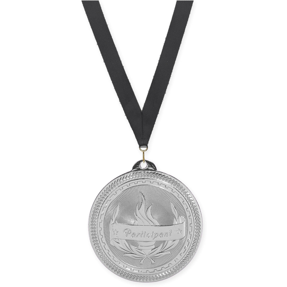 2 inch Participant Sunburst medal in bright silver with Black neck ribbon