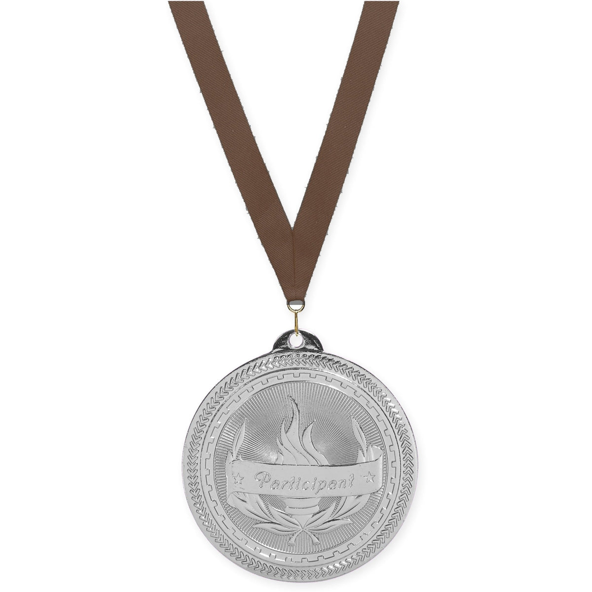 2 inch Participant Sunburst medal in bright silver with Brown neck ribbon