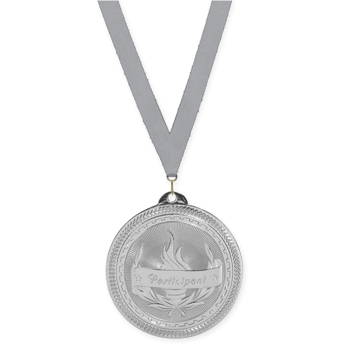 2 inch Participant Sunburst medal in bright silver with Gray neck ribbon