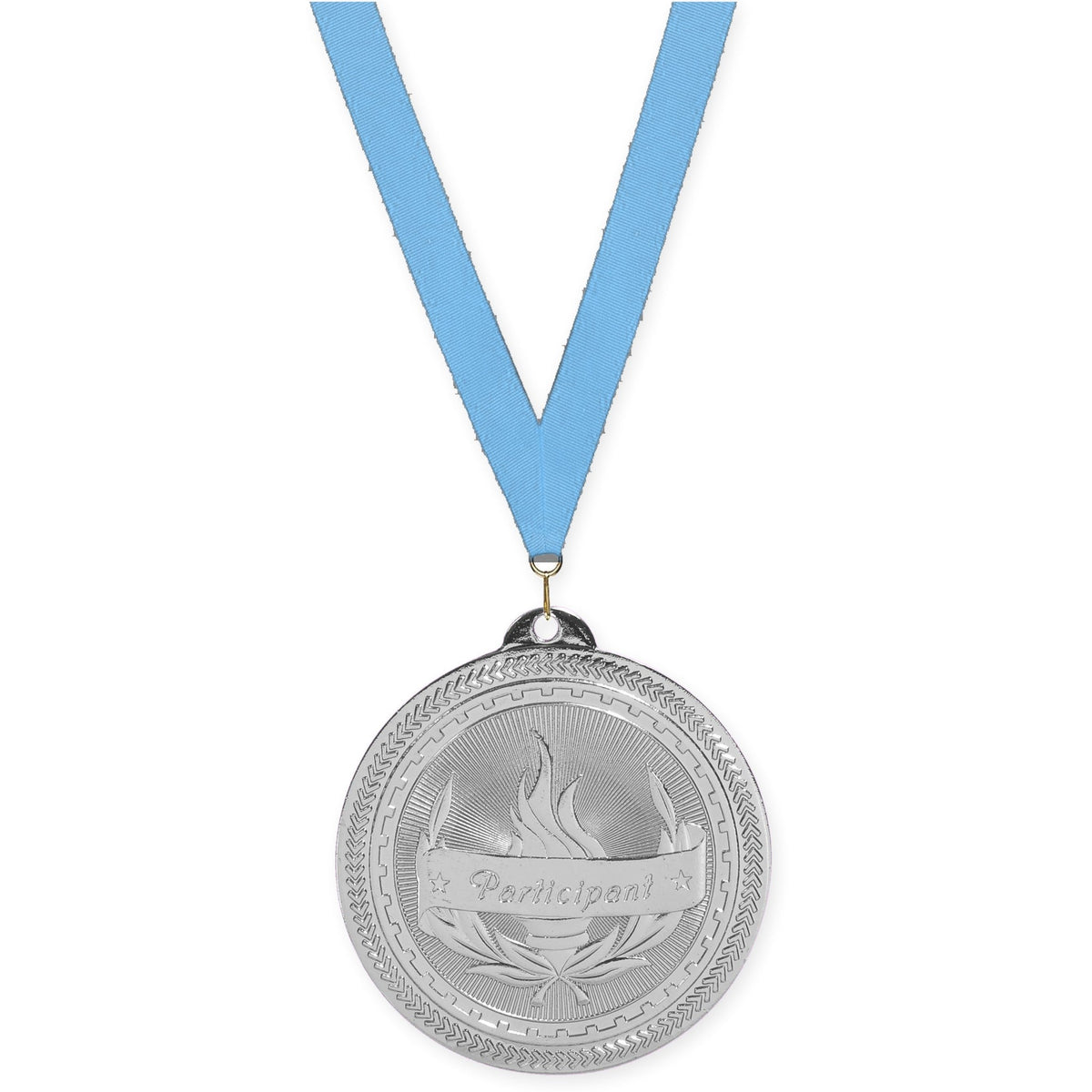 2 inch Participant Sunburst medal in bright silver with Light Blue neck ribbon