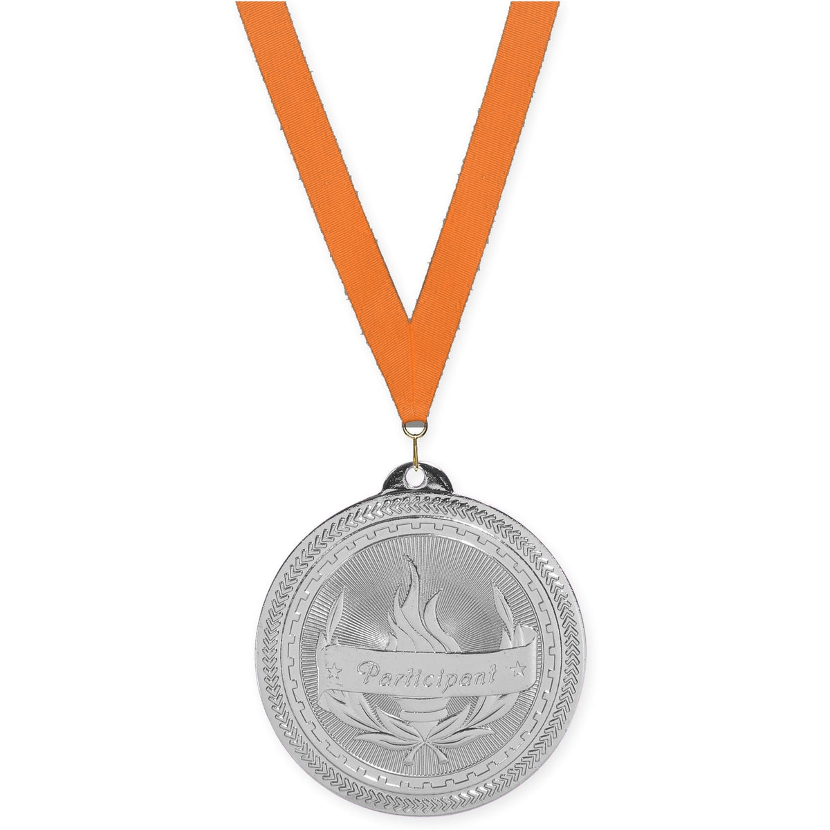 2 inch Participant Sunburst medal in bright silver with Orange neck ribbon