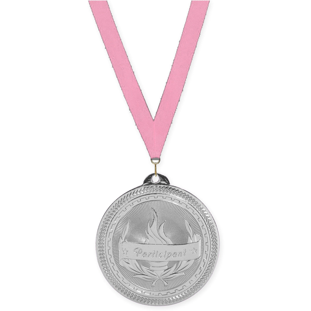 2 inch Participant Sunburst medal in bright silver with Pink neck ribbon