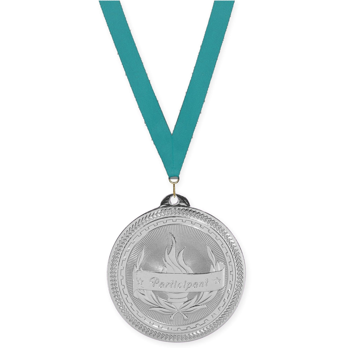 2 inch Participant Sunburst medal in bright silver with Teal neck ribbon