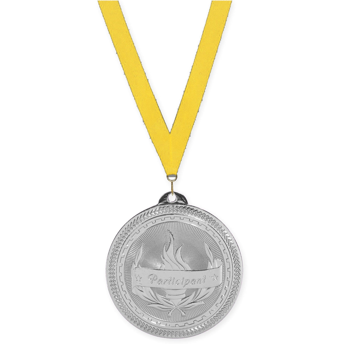 2 inch Participant Sunburst medal in bright silver with Yellow neck ribbon