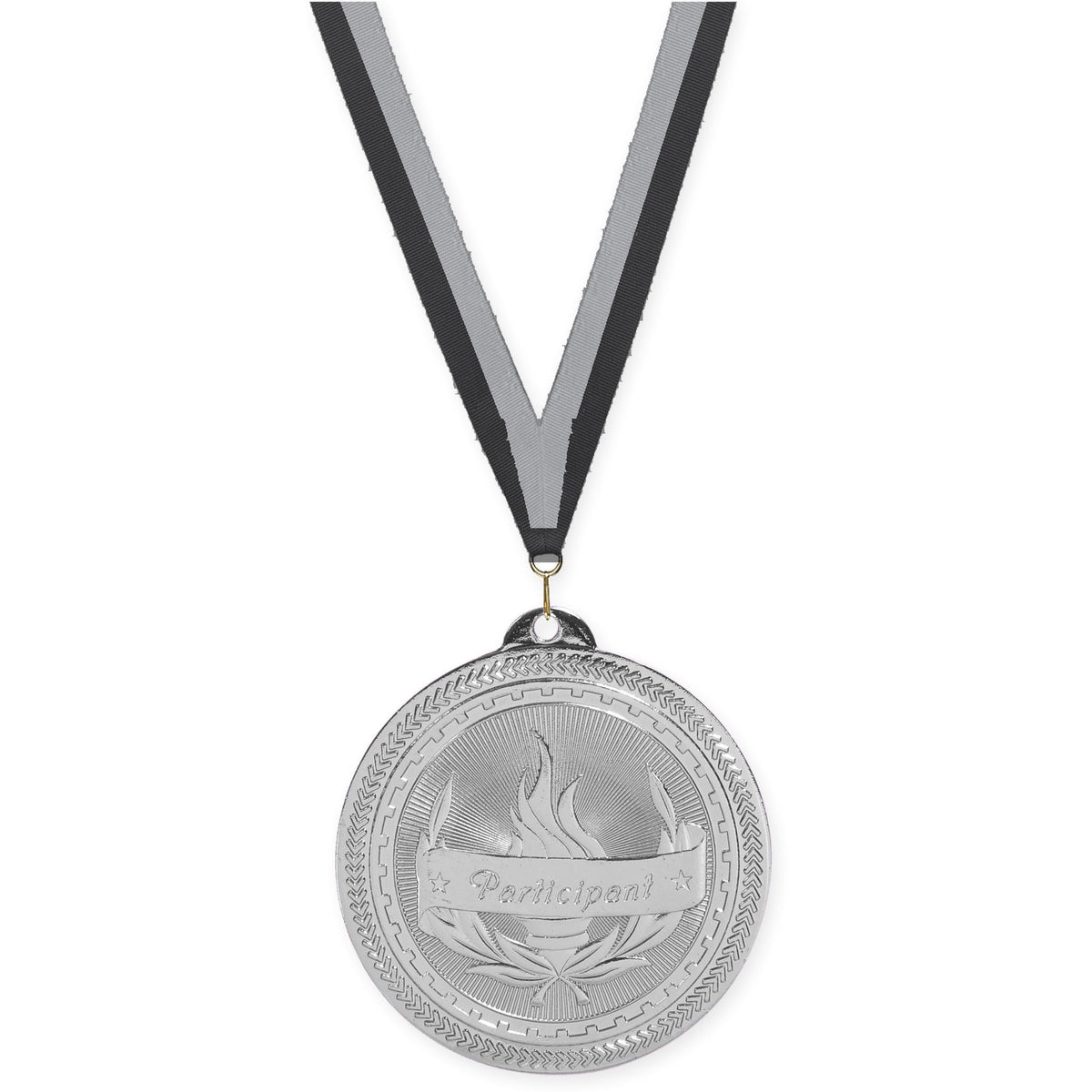 2 inch Participant Sunburst medal in bright silver with Black Gray neck ribbon