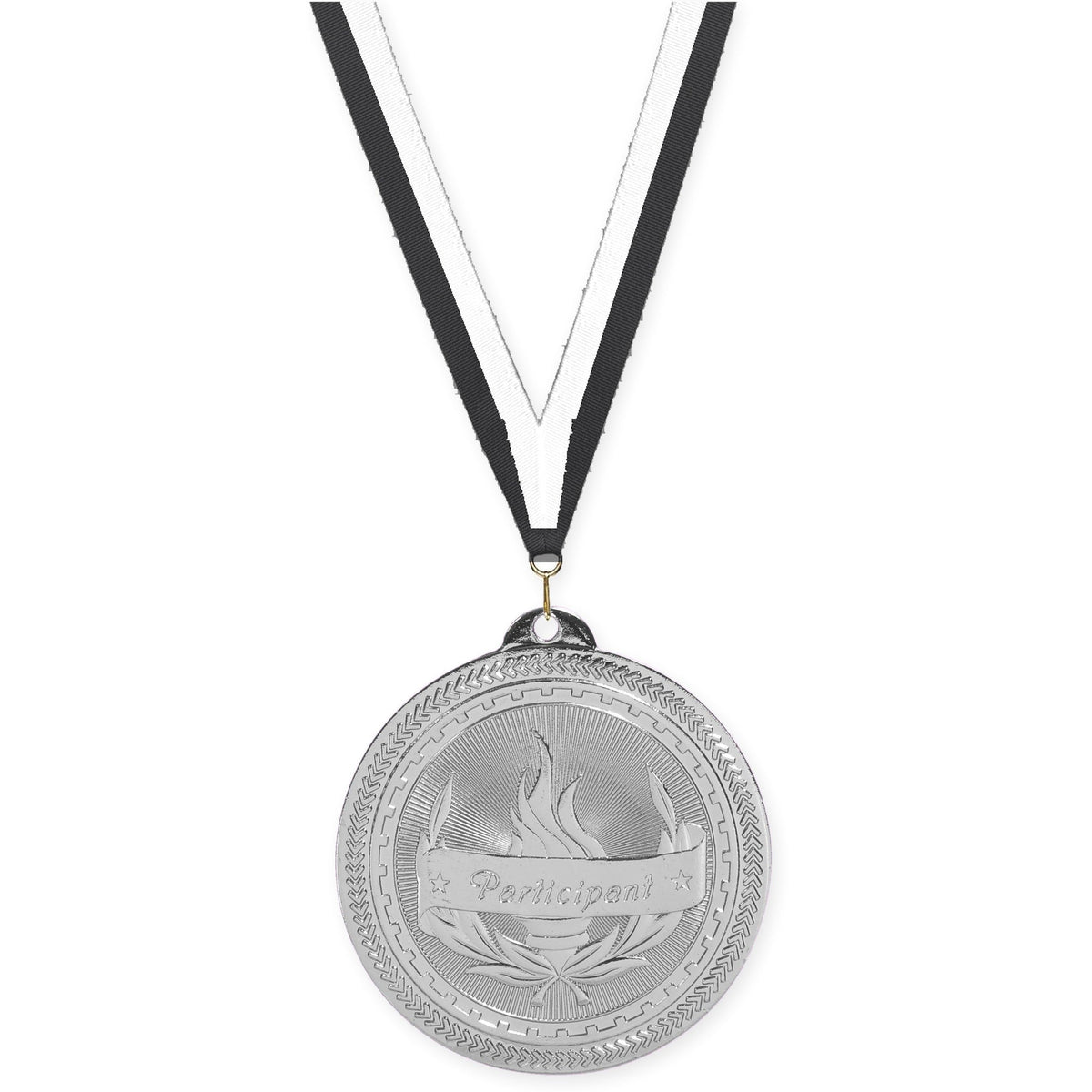 2 inch Participant Sunburst medal in bright silver with Black White neck ribbon
