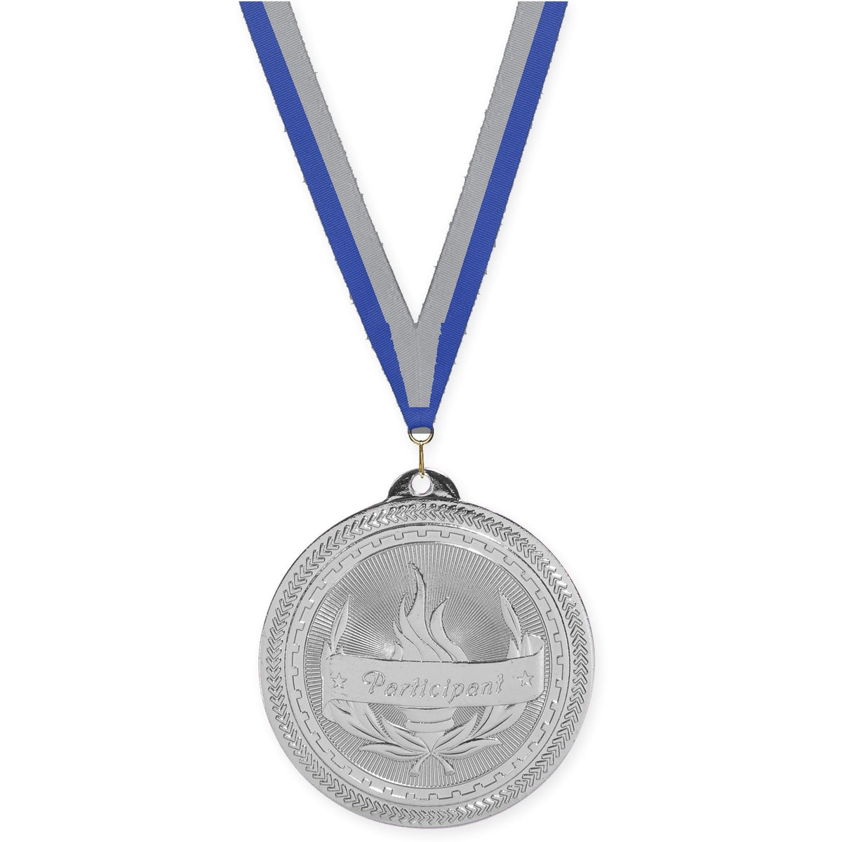 2 inch Participant Sunburst medal in bright silver with Blue Gray neck ribbon