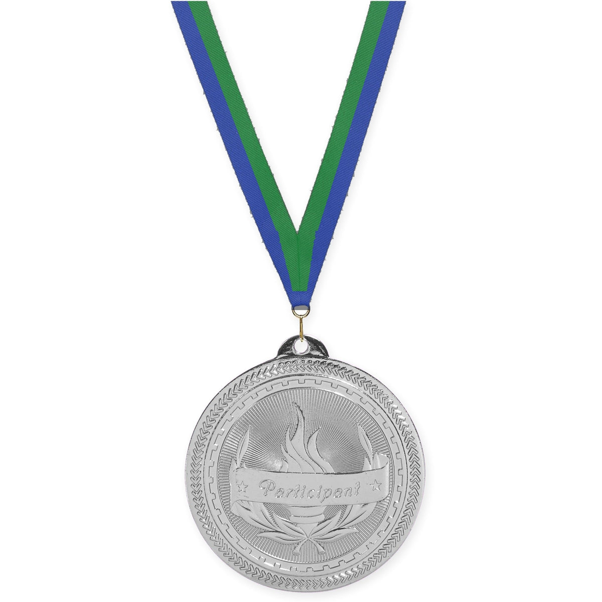 2 inch Participant Sunburst medal in bright silver with Blue Green neck ribbon